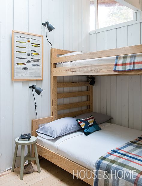 When it came to decorating this shared space, designer Margot Bell kept the original pine bunkbeds and updated the look with plaid throws and mod sconces. | Photographer: Alex Lukey Bunk Beds For Boys Room, Bunk Beds For Kids, Bunk Beds Boys, Girls Bunk Beds, Adult Bunk Beds, Beds For Kids, Modern Bunk Beds, Cool Bunk Beds, Bunk Beds With Stairs