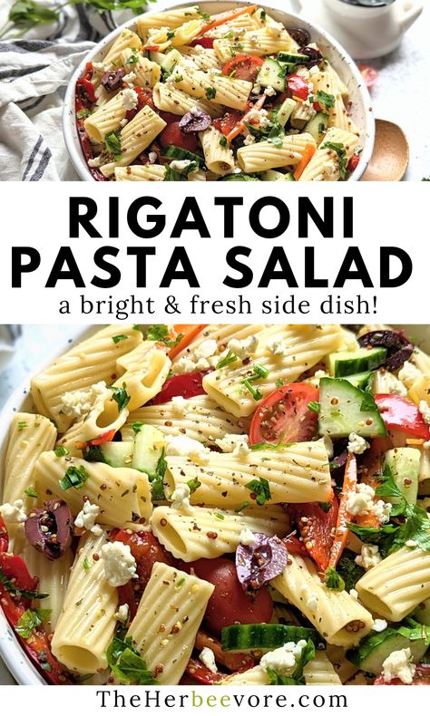 This rigatoni pasta salad recipe is a bright, fresh, and tasty appetizer loaded with chopped veggies, feta cheese, and an easy homemade red wine vinaigrette dressing. A favorite summer pasta salad recipe to bring to a cookout. Pasta Salad Recipes With Red Wine Vinegar, Rigatoni Salad Recipes, Rigatoni Salad Cold, Red Wine Vinaigrette Pasta Salad, Cold Pasta Salad Recipes Rigatoni, Rigatoni Pasta Salad Recipes, Rigatoni Salad, Pasta Salad Asian, Rigatoni Pasta Salad