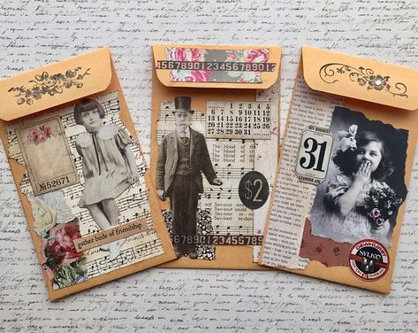 Shabby Vintage Style Set of 3 Altered Large Coin Envelopes for Journals, Junk Journals, Gift Cards and more Mail Art Envelopes, Coin Envelopes, Decorated Envelopes, Envelope Art, Junk Art, Vintage Junk Journal, Vintage Journal, Handmade Journals, Shabby Vintage