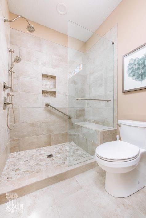 Small Traditional Loveland Bathroom Remodel - Traditional - Bathroom - Cincinnati - by Bauscher Construction & Remodeling, Inc. | Houzz Beige Tile Showers, Beige Bathroom Remodel Ideas, Beige Shower Room, Cream Shower Tile Ideas, Cream Tile Bathroom Color Palettes, Neutral Bathroom Ideas Earth Tones Tile, Bathroom With Beige Tile Floor, Beige Master Bath, Ivory Tile Bathroom