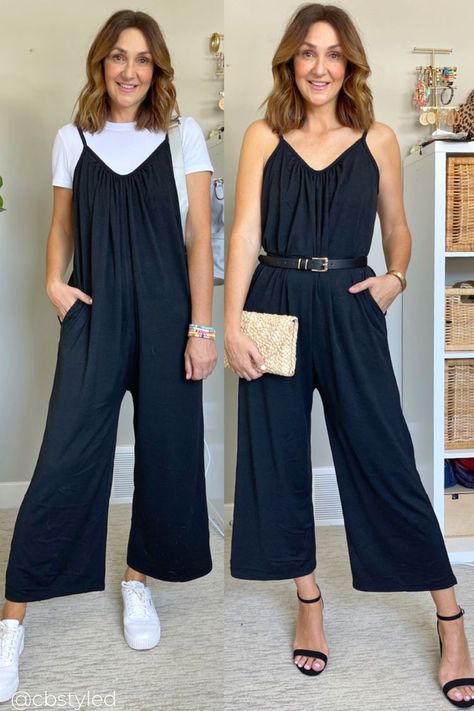 Jumpsuit Spring Outfit, Jumper Pants Outfit Ideas, Knit Jumpsuit Outfit, Summer Jumpers For Women, Cider Jumpsuit Outfit, Black Jumpsuit Outfit Work, Wide Leg Jumper Outfit, Wide Leg Jumpsuit Outfit Casual, Jumper Outfit Ideas Jumpsuits