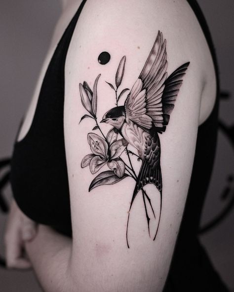 9rukim | lily and swallow_ 20240659 Thank you!! @pepax.official #swallowtattoo #nyctattoo #nytattoo #lilytattoo | Instagram Lark Tattoo Birds, Swallow And Flower Tattoo, Swallow Neck Tattoo, Lark Tattoo, Bird And Flower Tattoo, Lillies Tattoo, Nyc Tattoo, Swallow Tattoo, Swallow Bird