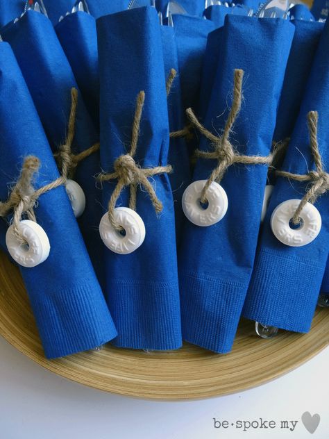 Ahoy it's a Boy! Theme Baby Shower. Napkins & Utensils with Live Savers tied on with a knot. Nautical Themed Snacks, Boat Party Theme, Baby Shower Snacks Boy, Fish Lunch, Nautical Baby Shower Boy, Baby Shower Desserts Boy, Sailor Birthday, Baby Shower Snacks, Baby Boy Decorations