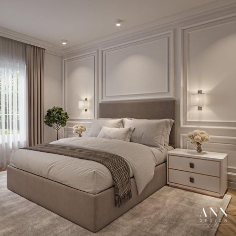 Vanity Wall Bedroom, Accent Wall With Sconces Bedroom, Wall Trim With Mirror, Luxury Bedroom Master Panelling, Bedroom With Moulding Wall, Luxury Bedroom Panelling, Low Light Room Paint Colors Master Bedrooms, Accent Wall Bedroom White Furniture, Narrow Media Wall