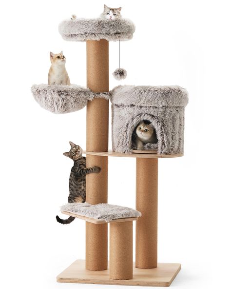 PRICES MAY VARY. Multi layer Structure - 4-layer cat tree can satisfy your cats nature of climbing, scratching, and sleeping. Cats can lie on the perch on top, sunbathe by looking out the window, play hunter games with plush ball, or scratch jute posts to release stress. Pet friendly Material - This wood cat tower is made of rubber multilayer board, paired with scratching post with natural jute rope. The skin friendly plush cover provides maximum softness and optimal warmth for your cat. Ultimat Kitten Tower, Kitten House, Sleeping Cats, Hunter Games, Modern Cat Tree, Cat Tree Condo, Cat Activity, Indoor Cats, Sisal Rope