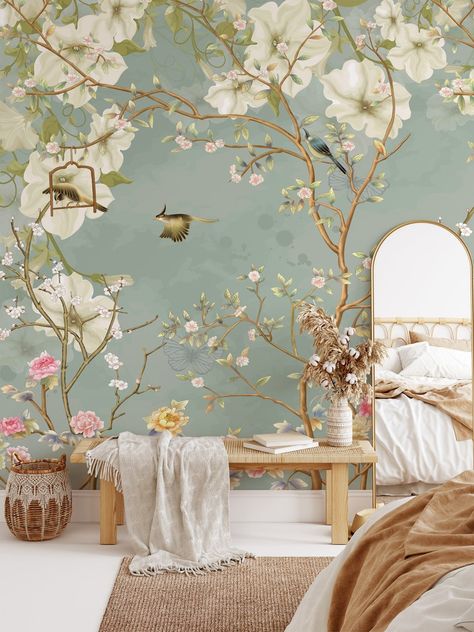 Blue Chinoiserie Wallpaper, Wallpaper Chinoiserie, Green Chinoiserie, Magnolia Wallpaper, Wallpaper Botanical, Flower Branches, Birds Wallpaper, Chinoiserie Wall, Wallpaper Beautiful