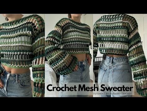 Crochet Mesh Sweater Tutorial I Kenikse Crochet - YouTube Crochet Mesh Sweater, Bolero Haken, Crochet Shorts Pattern, Sweater Tutorial, Crochet Long Sleeve Tops, Ladies Blouses, Flowy Skirts, Crochet Shrug Pattern, Crochet Idea