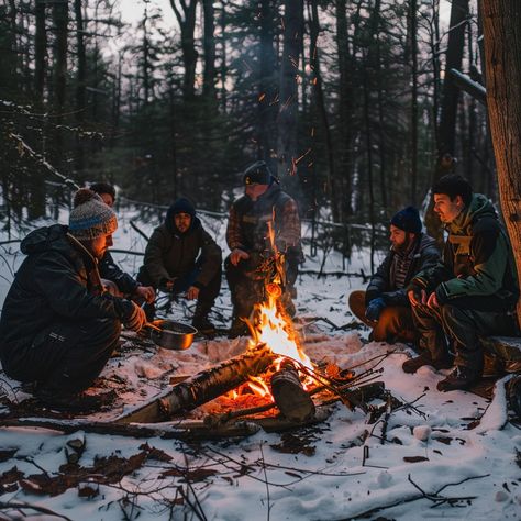 Winter Camping Fire: A group of friends gather around a warming campfire in a snowy forest during winter. #campfire #winter #friends #gathering #camping #aiart #aiphoto #stockcake ⬇️ Download and 📝 Prompt 👉 https://ayr.app/l/FfkT Friends Around Fire, Winter Campfire, Winter Friends, Camping Fire, A Group Of Friends, Fire Image, Snowy Forest, Friends Gathering, Winter Camping