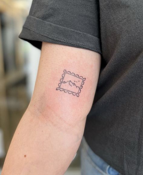 Minimal, fine line mountain postage stamp tattoo. #tattoo #mountaintattoo #finelinetattoo #tattooidea #sticker #patchwork Small Matching Tattoos Aesthetic, Small Tattoos Legs Women, Vintage Post Stamp Tattoo, Utah Stamp Tattoo, Minimal Stamp Tattoo, Desert Stamp Tattoo, Fine Line Texas Tattoo, Post Stamp Tattoo Aesthetic, Minimalist Stamp Tattoo