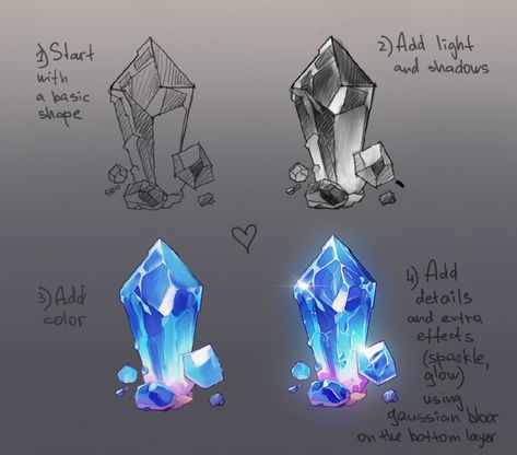 Crystal drawing tutorial Crystal Shard Drawing, Crystal Drawings Easy, How To Draw Crystals Digital, How To Draw A Gemstone, Gem Tutorial Digital, Crystal Reference Drawing, How To Shade Crystals, Crystal Art Tutorial, Crystals Digital Art