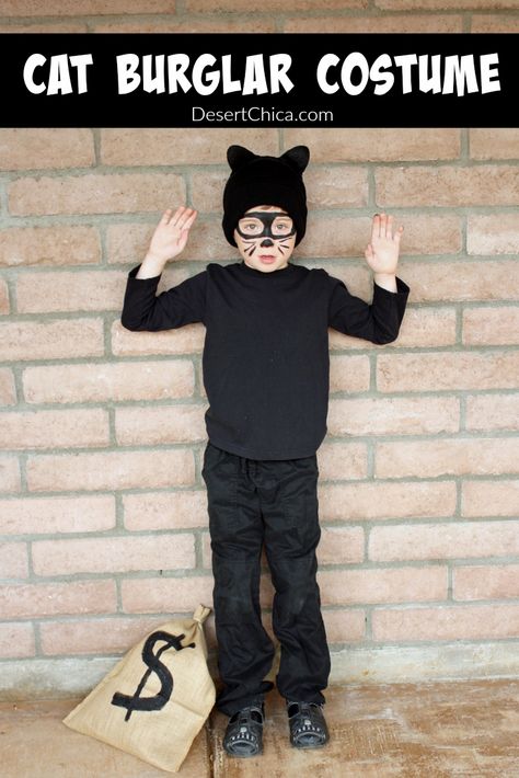 This cat burglar costume is the perfect last minute Halloween costume idea for both kids and adults. You likely have most of what you need already at home making an inexpensive homemade DIY #HalloweenCostumes #halloween Boys Cat Costume, Cat Burglar Costume, Burglar Costume, Sew Costume, Diy Costumes Kids Boys, Cat Costume Kids, Cat Costume Diy, Cat Burglar, Last Minute Halloween Costume