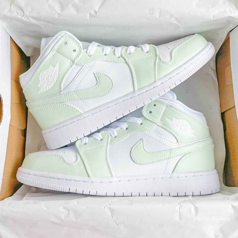 Light Green Custom Air Jordan 1-shecustomize Light Green Jordans, Cute Aesthetic Shoes, Af1 Aesthetic, Sporty Coquette, Light Green Shoes, Shoe Embroidery, Custom Air Jordan 1, Shoe Artwork, Green Jordans