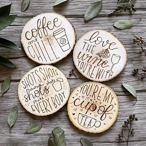 We are loving these sassy and fun coasters! Which one best suits you? We love the wine one Wood Burning Ideas, Woodworking Projects Furniture, Wood Projects For Beginners, Cool Coasters, Woodburning Projects, Woodworking Projects For Kids, Wood Burning Crafts, Natalie Wood, Wood Burning Patterns