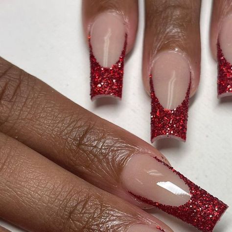 Maroon Glitter French Tip Nails, Red Sparkly Prom Nails, May 2024 Nails Ideas, Classy Red Nails Acrylic, Red Glitter Nails French Tip, Hoco Nail Ideas Red, Red And Glitter Nail Designs, Red French Tips With Glitter, Burgundy And Silver Nail Designs