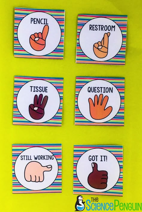 The Problems “Can I go to the bathroom?” “I need a Kleenex.” “I gotta sharpen my pencil.” A student’s hand is raised.  Does she need a pencil?  Does she need to use the restroom?  Or does she have trouble with a math problem? The Solution One of the best things I implemented in my classroom … Classroom Hand Signals, The Science Penguin, Science Penguin, Classroom Procedures, Hand Signals, Hand Gestures, Classroom Management Tips, Classroom Management Strategies, 2nd Grade Classroom