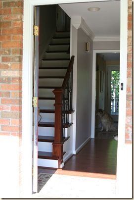 057 Staircase Remodel, Open Staircase, Stair Remodel, Diy Stairs, Stair Risers, Entry Hall, Green Chair, Stair Treads, Updating House