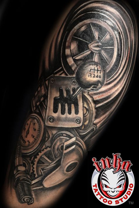 Engine Tattoos For Men, Car Guy Sleeve Tattoo, Car Part Sleeve Tattoo, Mechanics Tattoo Ideas, Car Part Tattoo Design, Tattoo For Car Guys, Auto Mechanic Tattoo For Men, Mechanic Sleeve Tattoo, Car Part Tattoo