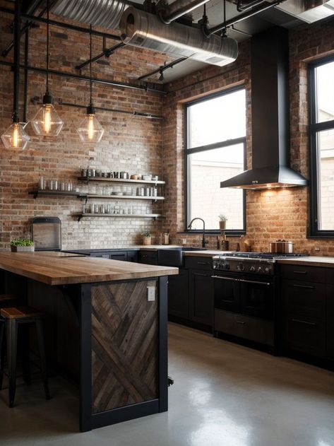 Industrial kitchen style, incorporating elements like exposed brick walls, metal accents, and statement lighting to achieve a modern yet edgy look. #KitchenIdeas #KitchenDesign Ceiling Industrial Design, Kitchen Lighting Ideas Over Island, Kitchen Brick Wall, Green Room Colors, Bright Room Colors, Brick Wall Kitchen, Industrial Chic Interior, Industrial Kitchen Design, Industrial Style Kitchen