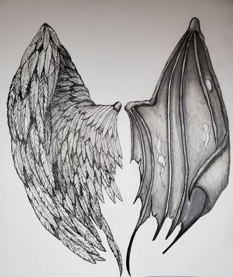 Angel Wing Demon Wing Tattoo, Black Angel Wings Drawing, Angel And Demon Wings Tattoo On Back, Demon Angel Wings Tattoo, Demon And Angel Wings Tattoo, Angel Wings Sketch Pencil, Tattered Wings Tattoo, Demonic Wings Tattoo, Devils Wings Tattoo