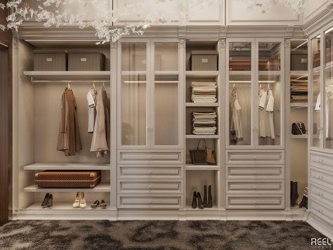 Master Bedroom Design on Behance Walk In Closet Parisian, French Country Walk In Closet, Classic Walk In Closet Design, Modern Classic Walk In Closet, Modern Classic Wardrobe Design, Classic Closet Design, Classic Dressing Room, Walk In Wardrobe Ideas Master Bedrooms, Classic Wardrobe Design