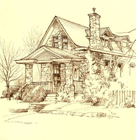 Line drawing: reminds me of my grandma's house. Used to play in the attic for hours on end. Stone House Drawing, Landscape Sketch, House Sketch, Grandma's House, House Drawing, House Art, Urban Sketchers, Landscape Drawings, Urban Sketching