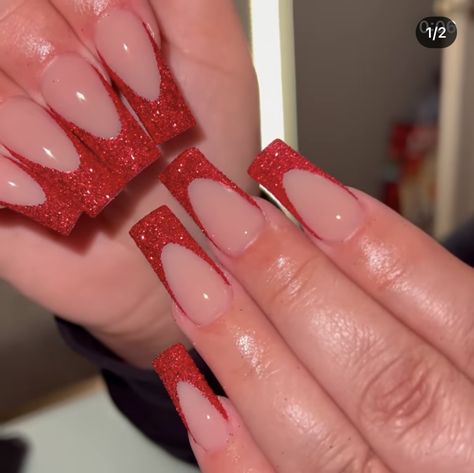 Maroon And Gold Nails Coffin, Cute Red Sparkly Nails, Red Tip Glitter Nails, Red And White Nails For Prom, Prom Nails Red French Tip, Short Red Nails Design Sparkle, Red Nails Acrylic With Glitter, Long Square Acrylic Nails Red Glitter, Red Nails Acrylic Ombre