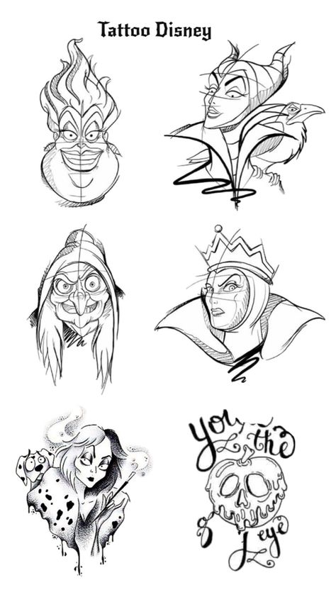 Maleficent Castle Tattoo, Disney Villain Tattoo Ideas, Simple Disney Drawings, Dark Disney Drawings, Hades Tattoo Disney, Disney Villains Tattoos, Cartoon Tattoos Disney, Disney Tattoo Drawings, Brenda Tattoo