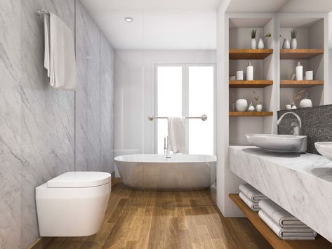 Waterproof Bathroom Flooring, Bathroom Flooring Options, Wood Tile Bathroom Floor, Grey Marble Tile, Wood Tile Bathroom, Best Bathroom Flooring, Waterproof Laminate Flooring, Bathtub Tile, Bathroom Installation