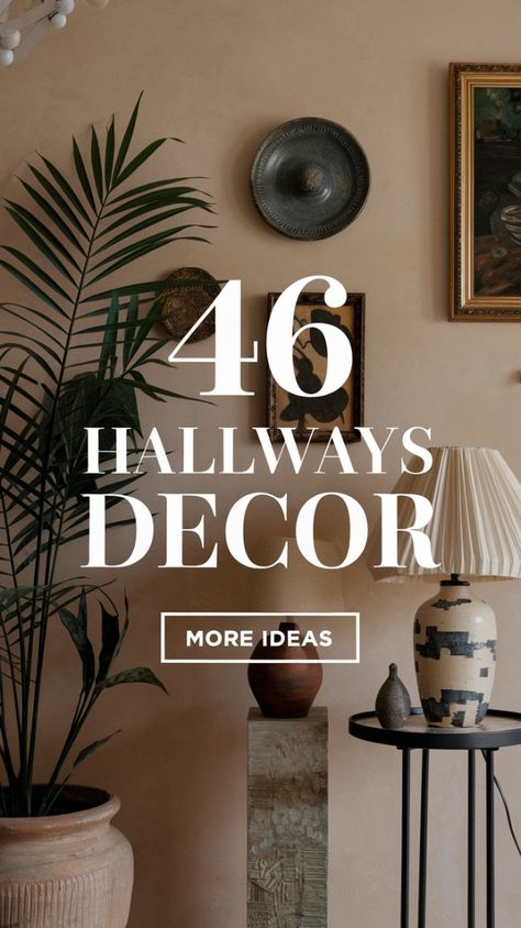 Add warmth and character to your hallway with these 46 rustic decor ideas! From earthy tones and vintage accents to beautiful pottery and lush plants, these design elements create a welcoming and cozy atmosphere. Perfect for those who love a blend of traditional and natural styles. Discover more decor inspiration to transform your hallway into a charming entryway! Large Wall Decor Hallway, Short Hallway Decorating, How To Style A Hallway, Large Entry Way Wall Ideas, Earth Tone Entry Way, Natural Hallway Ideas, Gallery Wall In Hallway, Brown Hallway Ideas, Cosy Hallway Ideas