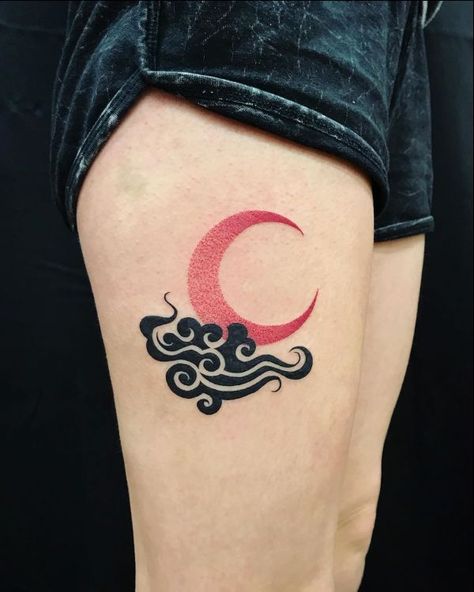 Moon Tattoo Japanese, Cloud Moon Tattoo, Moon And Cloud Tattoo, Clouds And Stars Tattoo, Japanese Cloud Tattoo, Cloud Tattoos, Cloud Tattoo Design, Rain Tattoo, Luna Tattoo