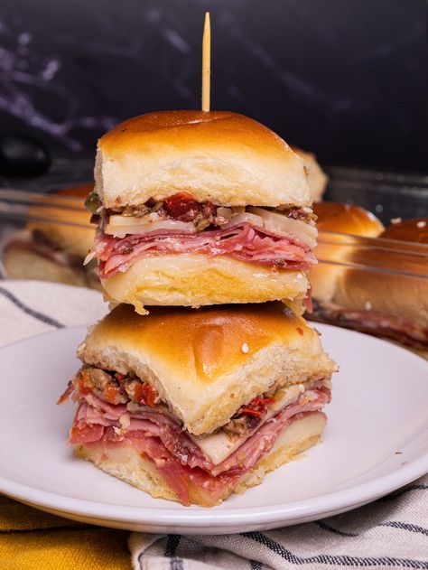 Muffuletta Sliders | 12 Tomatoes Muffaletta Sandwich Sliders, Muffalata Sliders, Mini Muffaletta Sliders, Muffelata Sliders, Muffalata Sandwich Recipes, Muffaletta Sliders, Muffuletta Sliders, Slider Ideas, Caprese Sliders