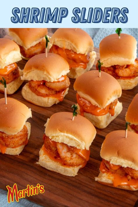 Roasted garlic spicy mayo and fried shrimp on a Martin’s Sweet Party Potato Roll make these sliders an irresistible appetizer for any party. Shrimp Sliders, Party Potatoes, Slider Rolls, Potato Rolls, Shrimp Rolls, Garlic Mayo, Potato Roll, Sweet Party, Spicy Mayo