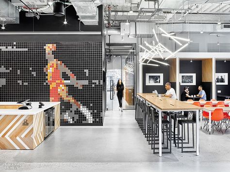 Nike Ups Its Street Cred in NYC With a New Office by Studios Architecture Nike Office, Air Lounge, Workspace Ideas, Sports Office, Built In Banquette, Studios Architecture, Tile Mosaic, Reception Area, Workplace Design