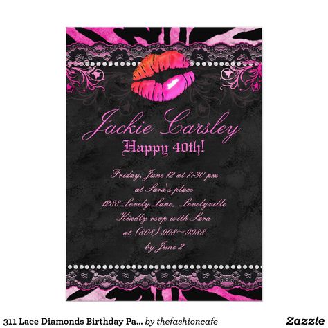 311 Lace Diamonds Birthday Party Zebra Pink Lips Invitation Makeup Birthday Party, Purple Invitations, Elegant Birthday Party, Sweet Sixteen Invitations, Sweet Sixteen Parties, Adult Birthday Invitations, Carton Invitation, Lace Wedding Invitations, Sweet 16 Invitations