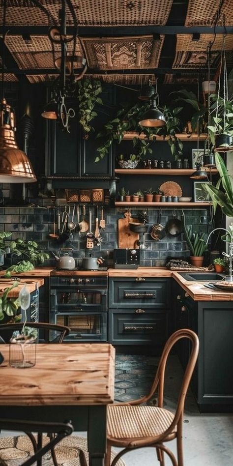 Dark Apartment Aesthetic Kitchen, Dark Aesthetic Home Interior Design, Dark Aesthetic Kitchen Ideas, Gothic Cottagecore Aesthetic Kitchen, Witchy Astethic Home, Moody Minimalist Kitchen, Light Academia Aesthetic Interior Design, Green Black And Gold Kitchen, Gothic Cottage Core Kitchen