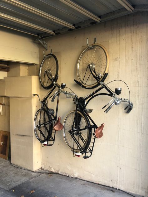 Garage Bicycle Storage, Bike Hanging Ideas Garage, Bike Storage Balcony, Bicycle Hanger, Garage Storage Inspiration, Bike Storage Garage, Bike Hooks, Bike Hanger, Garage Workshop Organization