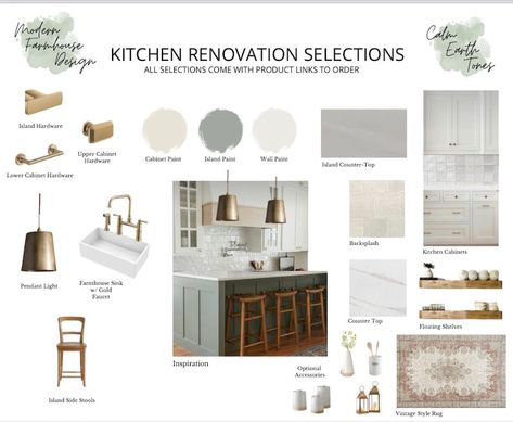 Premade Kitchen Mood Board, Shopping List, Virtual Interior Design, Online Designer, Home Decor, Digital, Online Decorator, Design Board - Etsy Kitchen Finishes Board, Glam Farmhouse Kitchen, Modern Farmhouse Mood Board, Kitchen Mood Board Colour Palettes, Classic Timeless Kitchen, Home Mood Board, Bathroom Moodboard, Restauration Hardware, Modern Coastal Kitchen