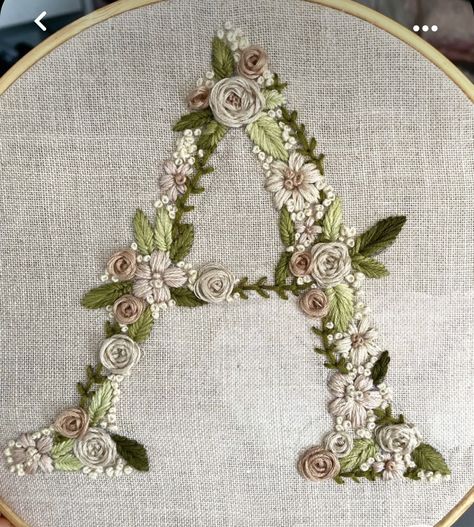 A Embroidery Letter, Hand Embroidery Letters Alphabet, Alphabet Embroidery Patterns Letters, Embroidery Alphabet Letters Design, Hand Embroidery Alphabet, Floral Letter Embroidery, Monogram Embroidery Letters, Diy Embroidery Flowers, Hand Embroidery Letters