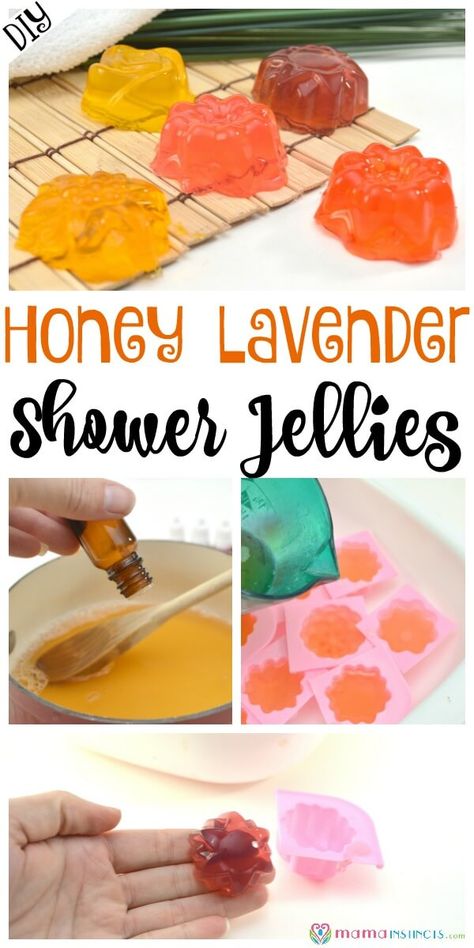 DIY Honey Lavender Shower Jellies Shower Jellies Diy, Soap Jellies, Bath Jellies, Bath Gift Basket, Shower Melts, Jelly Soap, Shower Jellies, Săpunuri Handmade, Honey Lavender