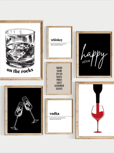 Mini Bar On Wall, Black And White Bar Art, Wine Bar Wall Decor, Posters For Bar At Home, Bar Cart Room Ideas, Above The Bar Decor, Bar Cart Area Decor, Bar Canvas Art, In Home Bar Decor