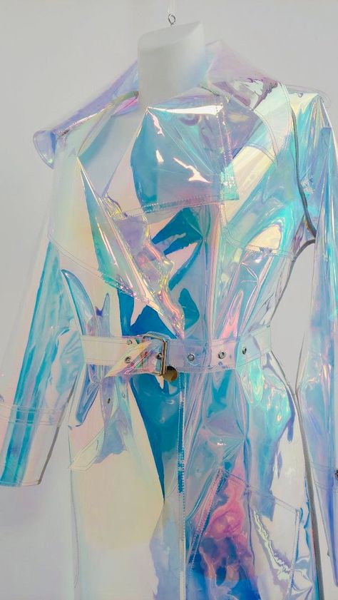 Holographic Outfit Aesthetic, Translucent Outfit, Iridescent Raincoat, Holographic Raincoat, Holographic Clothing, Iridescent Outfit, Iridescent Clothing, Clear Clothes, Clear Jacket