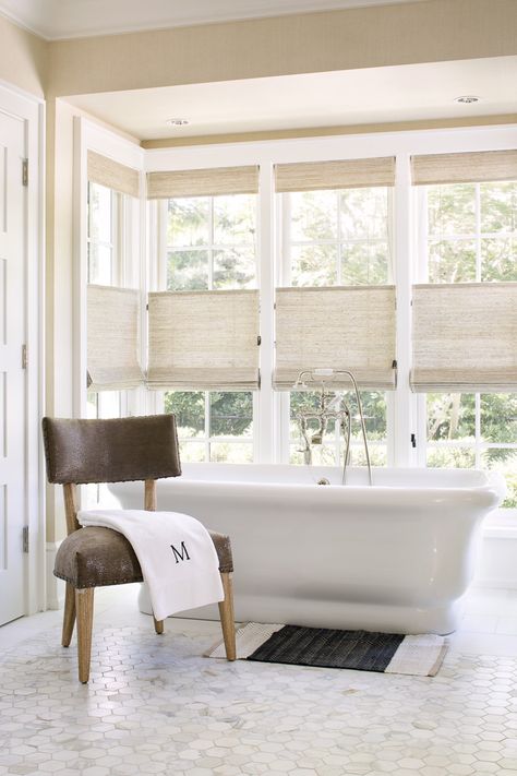 Master Bath - Weaver Design Group Kitchen Window Coverings, Popular Window Treatments, Bathroom Window Treatments, Woven Wood Shades, Window Treatments Living Room, Bamboo Shades, Room Window, Bathroom Windows, Luxe Interiors