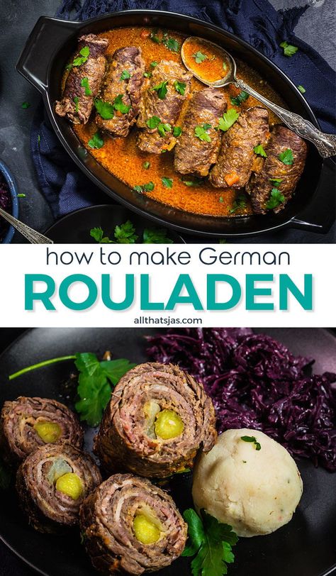 These hearty, traditional German beef roll-ups with pickles, onions, and bacon are the ultimate comfort meal. Instant pot and slow cooker instructions! | allthatsjas.com | #beef #rollups #german #internationalcuisine #comfortfood #homemade #instantpot #slowcooker #rouladen #crockpot #allthatsjas #recipes #pickles #onios #bacon #insauce #howtomake Beef Rollups, German Rouladen, Beef Roulade, Rouladen Recipe, Beef Roll Ups, Pickles Onions, Beef Rouladen, Instant Pot Slow Cooker, Beef Round