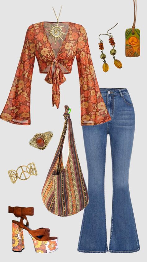 Hippie outfit inspo #outfitinspo #hippie #boho #70s 70s Vibes Aesthetic Outfit, Y2k Boho Aesthetic, Boho Date Outfit, Girly Hippie Outfits, Woodstock Theme Party Outfit, Hippy Business Casual, Hippie Outfits Costume, 70s Themed Birthday Party Outfits, 70s Clubbing