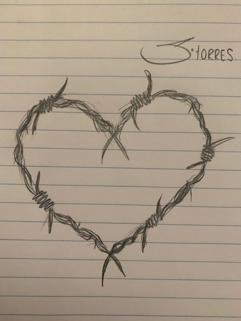 Drawing Ideas Indie, Simple Barbed Wire Drawing, Barbed Wire Love Heart Tattoo, Barbed Wire Heart Drawing, Heart Drawing Aesthetic, Sketchbook Pages Inspiration, Heart Barbed Wire, Heart Wrapped In Barbed Wire, Barbed Wire Heart