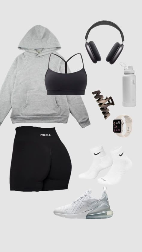 Fashion Gym Outfits, Cute Gym Clothes Women, Neutral Color Gym Outfit, Shorts Trends 2023, Layered Gym Outfit, Gym Clothes Women Aesthetic, Gym Headphones Outfit, Gym Outfits Aesthetic Comfy, White Tank Top Outfit Ideas