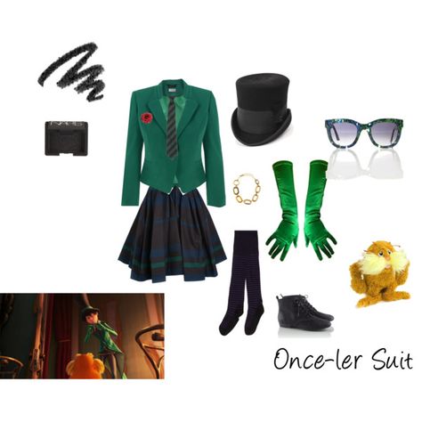 Stylish Once-ler Green Suit Femme Outfit, created by paripassu on Polyvore Female Onceler Costume, Costume Green, Green Costumes Women, Onceler Outfit, Lorax Inspired Outfit, The Onceler Costume Girl, Halloween Closet Costumes, Onceler Green Suit, Onceler Halloween Costume