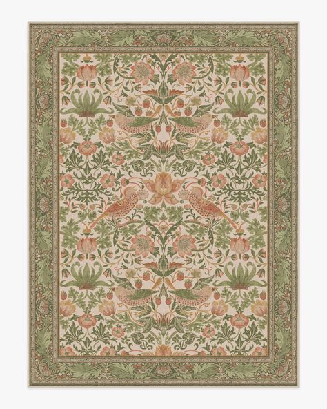 Morris & Co. Strawberry Thief Sage & Rose Rug | Ruggable Modern Hacienda, Peach Rug, Block Printed Textiles, Ruggable Rug, Rose Rug, Pink Living Room, Strawberry Thief, Rug Colors, Gold Rug