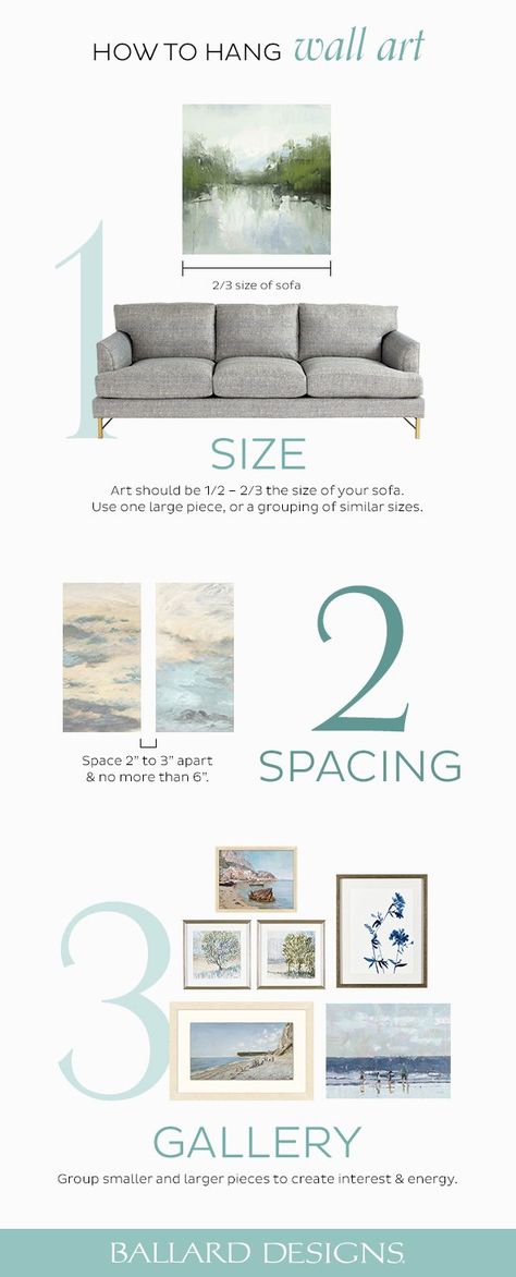 Hanging Wall Art – The Complete Guide on the How to Decorate blog from Ballard Designs! Learn wall art size, wall art spacing and how to make the perfect gallery wall with these decorating tricks and wall hanging tips from professional interior designers. #WallArt #HangingWallArt #WallArtSize #GalleryWall Decor Over Couch, Art Over Couch, Hanging Pictures On The Wall, Art Above Couch, Hang Wall Art, Gallery Wall Layout, Perfect Gallery Wall, Gallery Wall Living Room, Wall Art Size