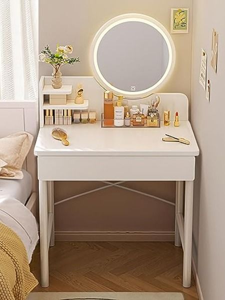 If you have limited space within your room, or you wish to have a section specifically dedicated to looking your best, this vanity is the perfect piece to add the elegance to your room. The mirror comes with ring lights that may be adjusted accordingly depending on your preferred light fixture! Vanity Table With Lights, Simple Dressing Table, Dressing Table Cabinet, Girls Dressing Table, Wood Makeup Vanity, Dressing Table Organisation, Makeup Vanities, Table For Bedroom, Dresser Table